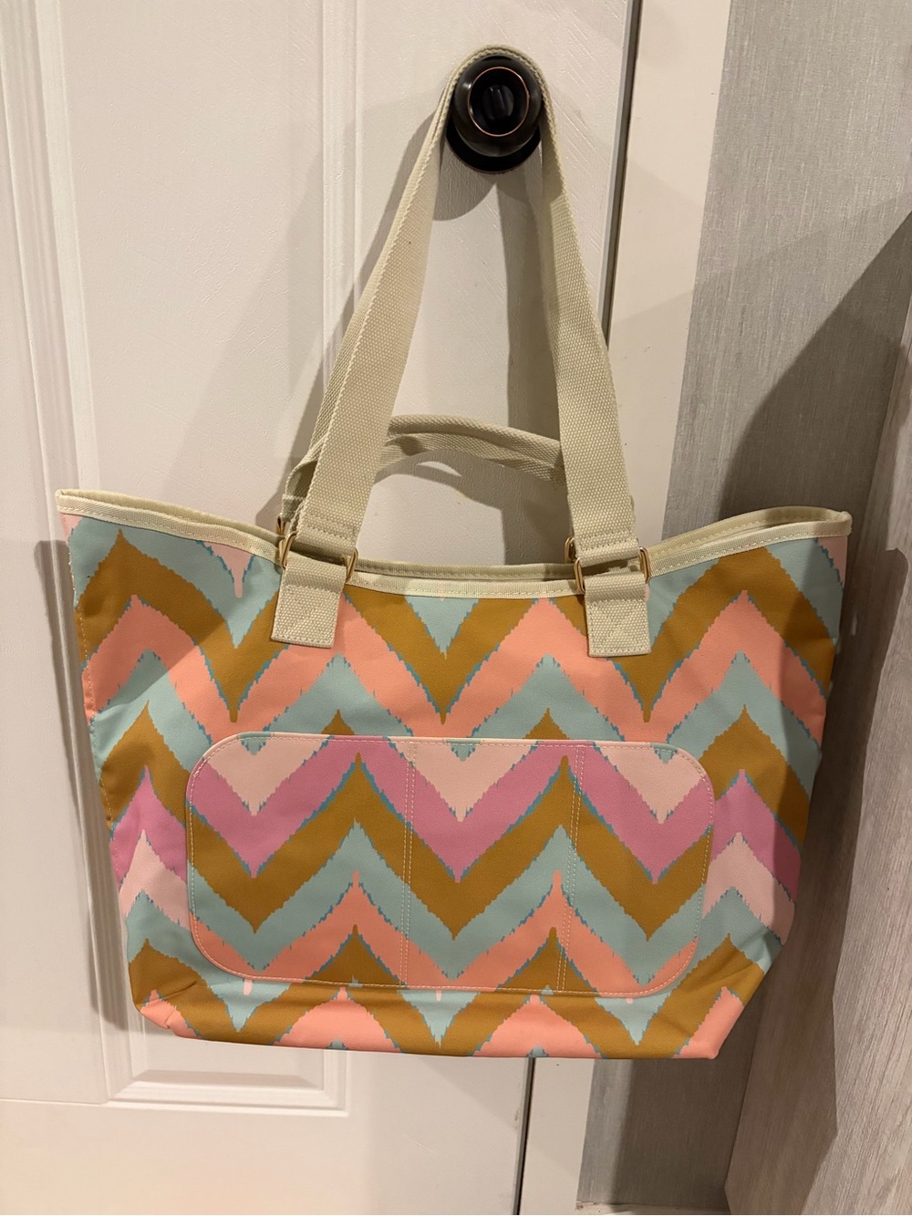 Chevron Print Tote Bag in Pink, Light Blue, and Tan
